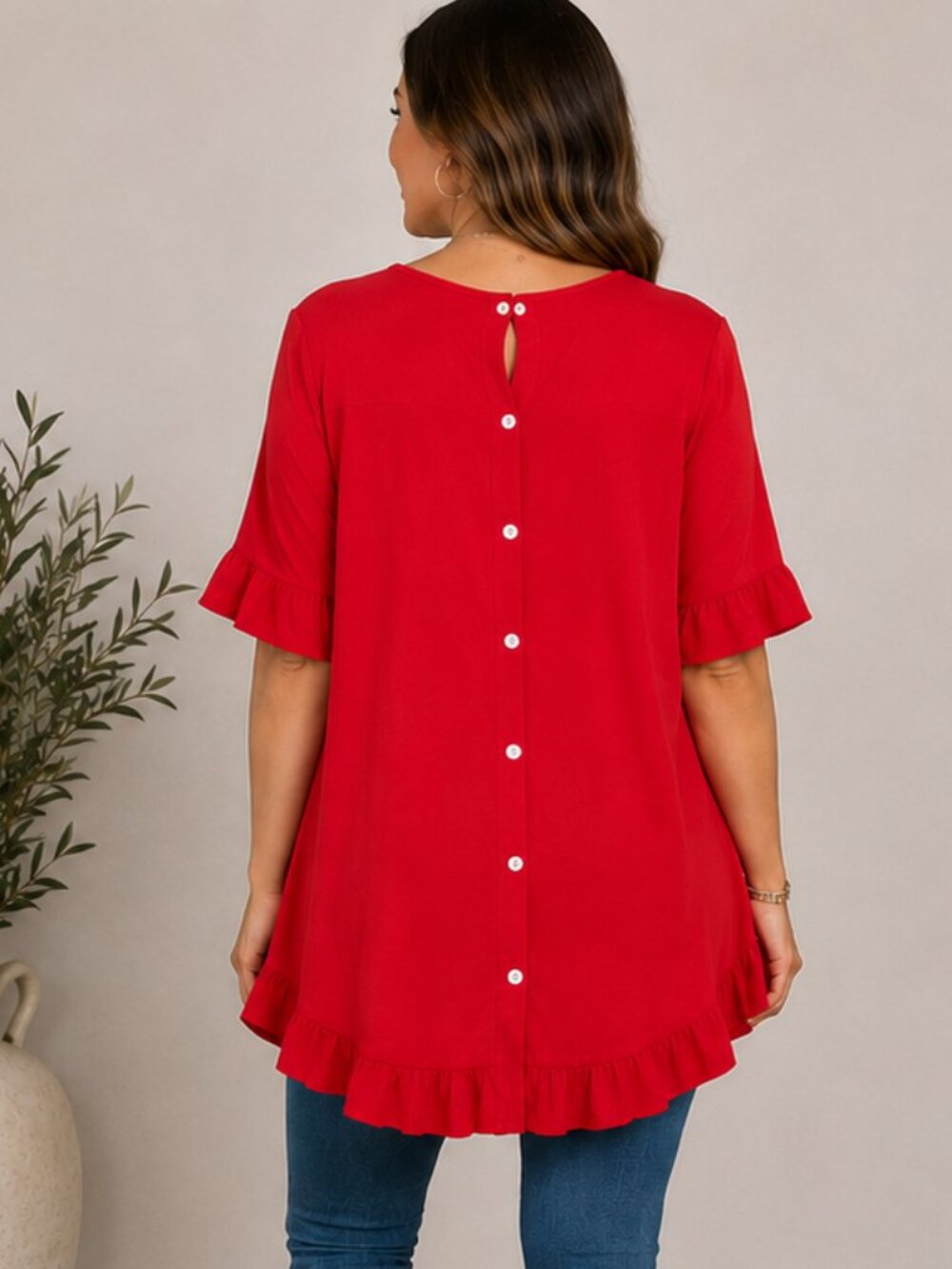 Red High Low Ruffle Blouse Tunic Large Button Back Keyhole - Picture 4 of 7
